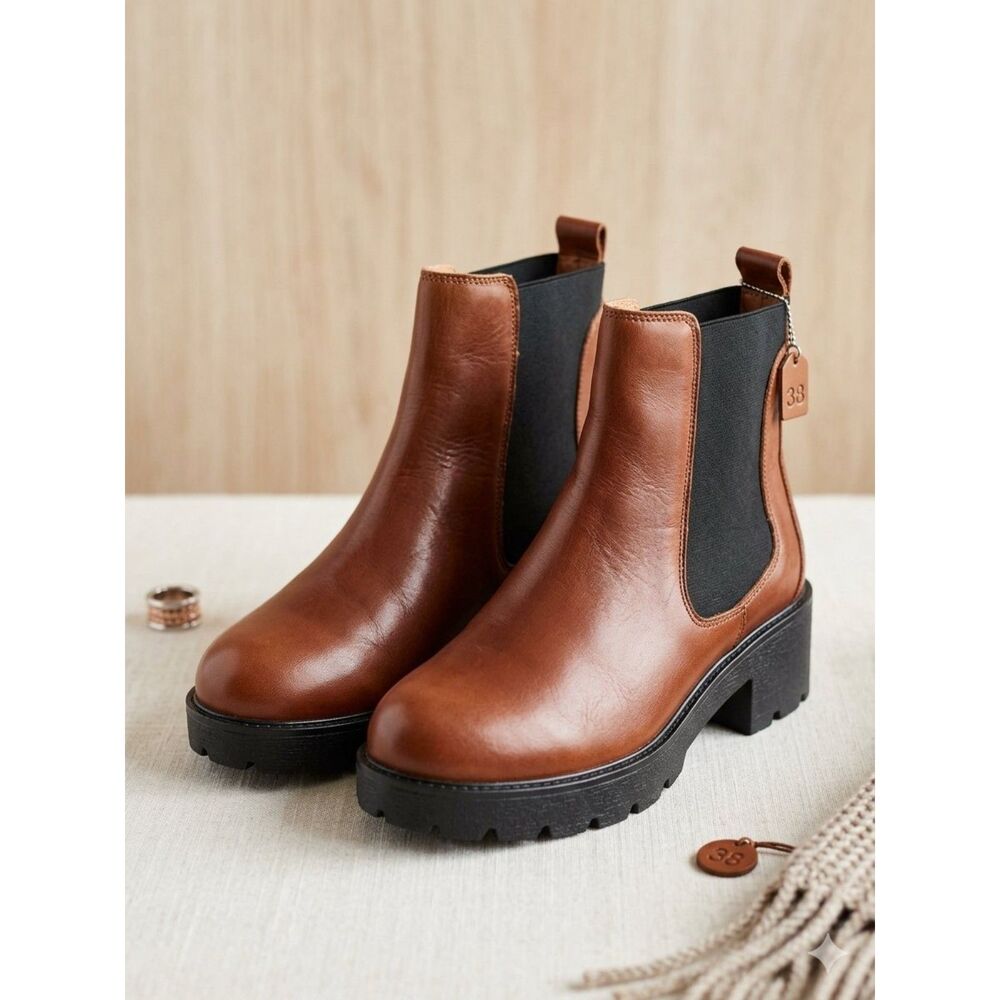 Enzo Tesoti Leather Chelsea Lug Boots - Cognac Brown - EU 38 / US 7.5 - Spain
